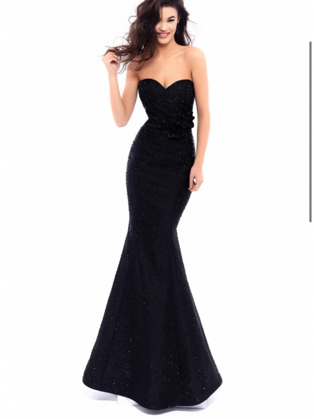 Navy Tarik Ediz gown with swarovski crystals along entire bodice.